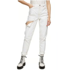 TOPSHOP High Waist Mom Jeans Size W26 White Distressed Jean Zip Fly Denim